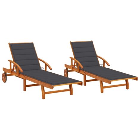 Lot de 2 Chaises longues  Bain de soleil Transat avec coussins Bois d'acacia solide 44256