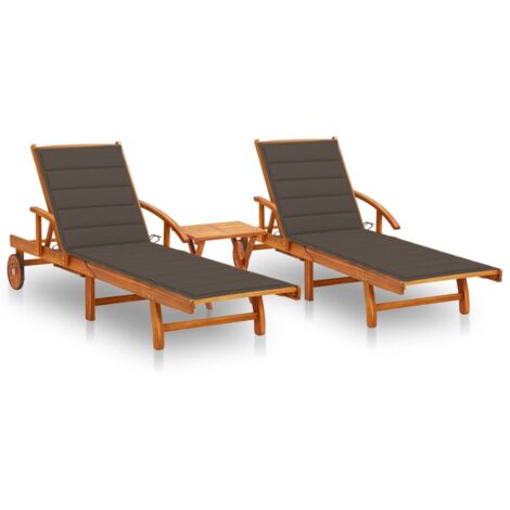 Lot de 2 Chaises longues Bain de soleil Transat avec table et coussins Acacia solide 85855