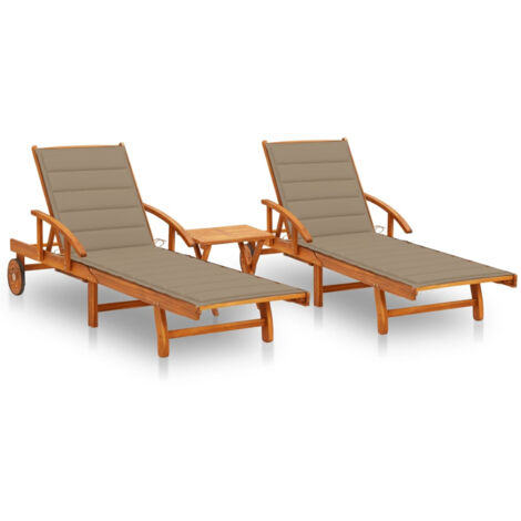 Lot de 2 Chaises longues  Bain de soleil Transat avec table et coussins Acacia solide 89291