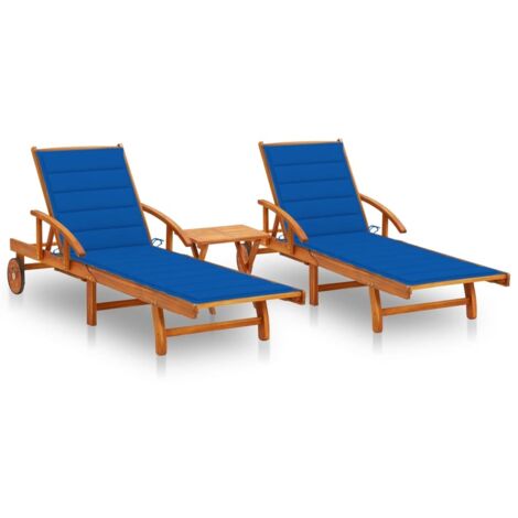 Lot de 2 Chaises longues  Bain de soleil Transat avec table et coussins Acacia solide 92167