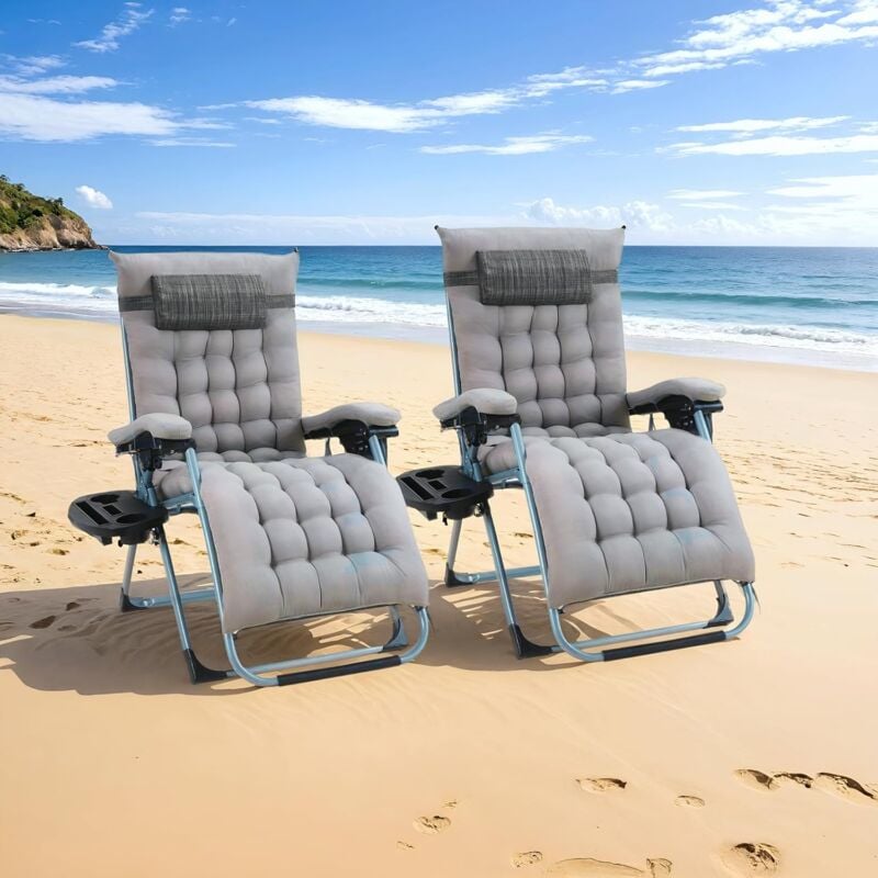 Lot de 2 chaises Longues de Jardin Pliantes,Transat de Jardin avec Coussin,résistant aux intempéries,Dossier réglable,max 160 kg (Gris)