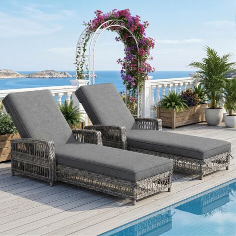 Lot de 2 chaises longues d'extérieur en rotin, résistantes aux intempéries, avec dossier réglable, coussin amovible, pour terrasse, balcon ou piscine, grises.