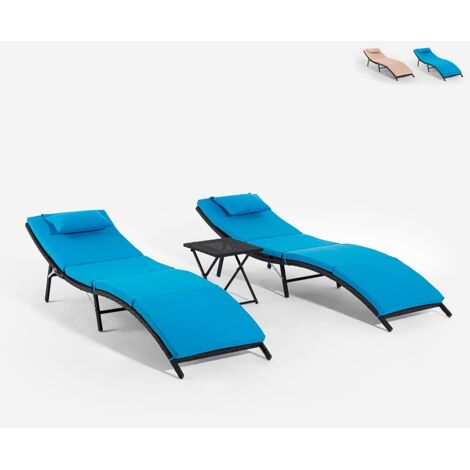 Lot de 2 chaises longues en rotin avec table pliante Lanzarote - Bleu