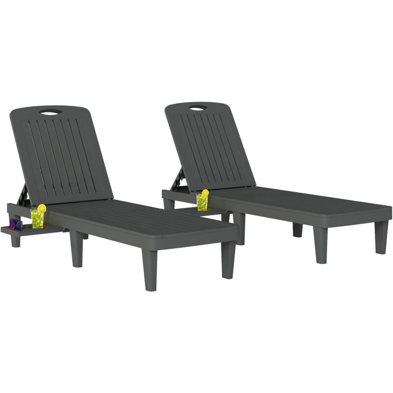 Lot de 2 chaises longues - Outsunny - dossier réglable 5 positions - tablette latérale - plastique - gris