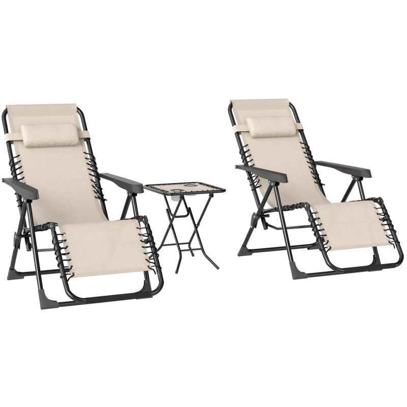 Outsunny - Lot de 2 chaises longues pliables inclinables zéro gravité avec table d'appoint métal textilène beige