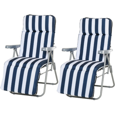 Lot de 2 Chaises Longues Pliables Réglables avec Coussin, Transat de Jardin en Acier Bleu et Blanc