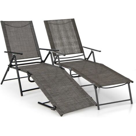 Lot de 2 Chaises Longues Pliantes à 6 Positions, en Cadre Métallique, Dossier Réglable, pour Piscine, Patio, Charge 150 KG (Café)