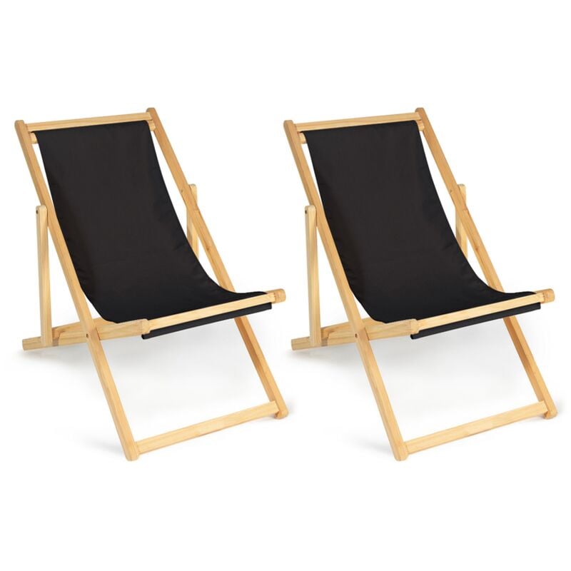 Idmarket - Lot de 2 chaises longues pliantes chilienne bois toile noire - Noir