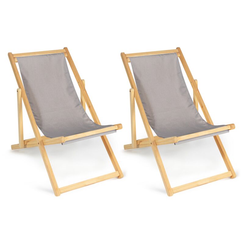 Idmarket - Lot de 2 chaises longues pliantes chilienne bois toile taupe - Taupe