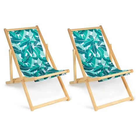 Lot de 2 chaises longues pliantes chilienne bois toile tropicale - Multicolor