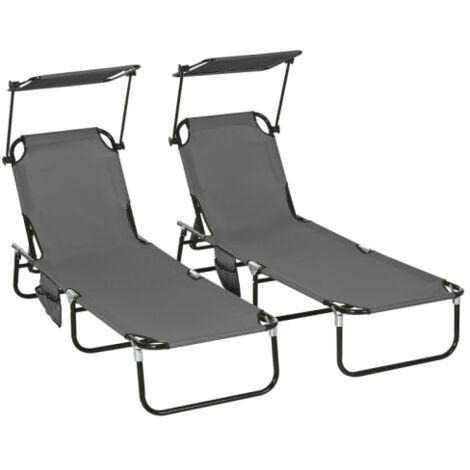 Lot de 2 chaises longues pliantes de jardin avec pare-soleil et dossier réglable en hauteur sur 5 positions, gris foncé