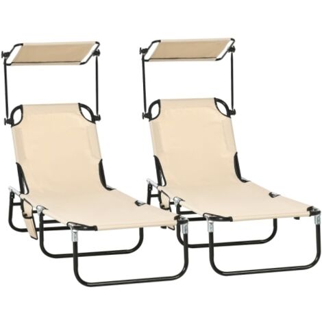 Lot de 2 chaises longues pliantes de jardin avec pare-soleil et dossier réglable en hauteur sur 5 positions - Marron