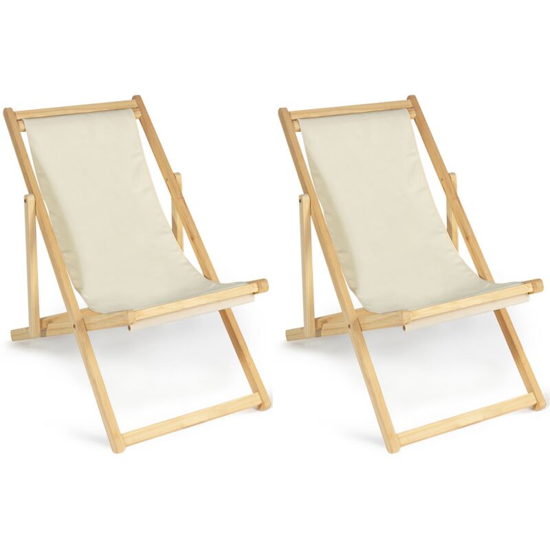 Idmarket - Lot de 2 chaises longues pliantes chilienne bois toile écrue - Ecru