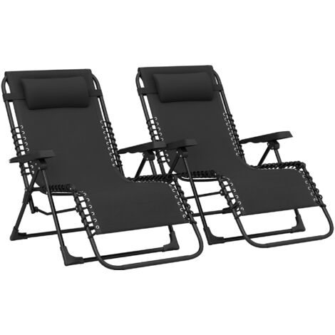 Lot de 2 chaises longues pliantes, inclinables avec appui-tête en textilène, 90 x 65 x 112 cm, couleur noir