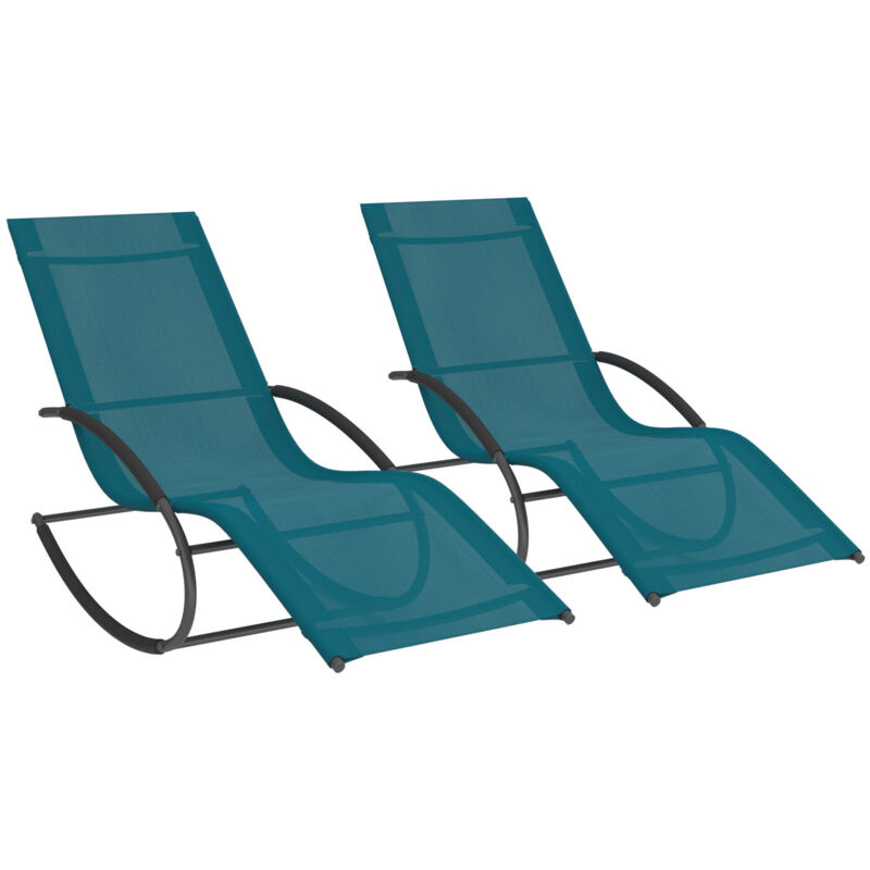 Lot de 2 chaises longues - transat de jardin à bascule malawi gris anthracite et toile bleu canard