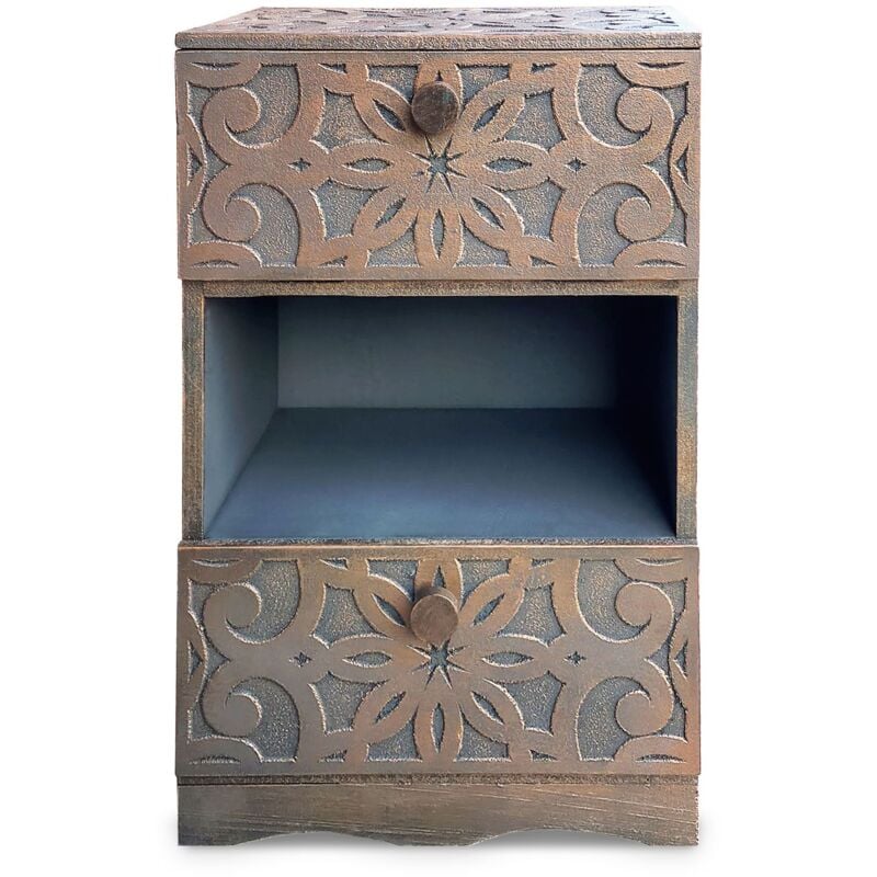 Table de chevet orientale bois sculpté 2 tiroirs Monboly Cuivre