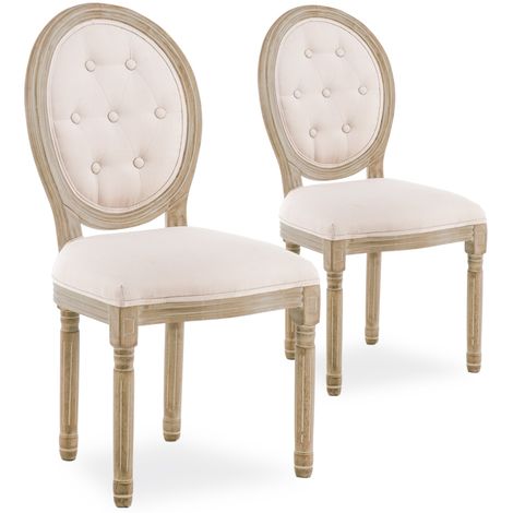 INTENSEDECO Lot de 2 chaises médaillon capitonnées Louis XVI tissu Beige