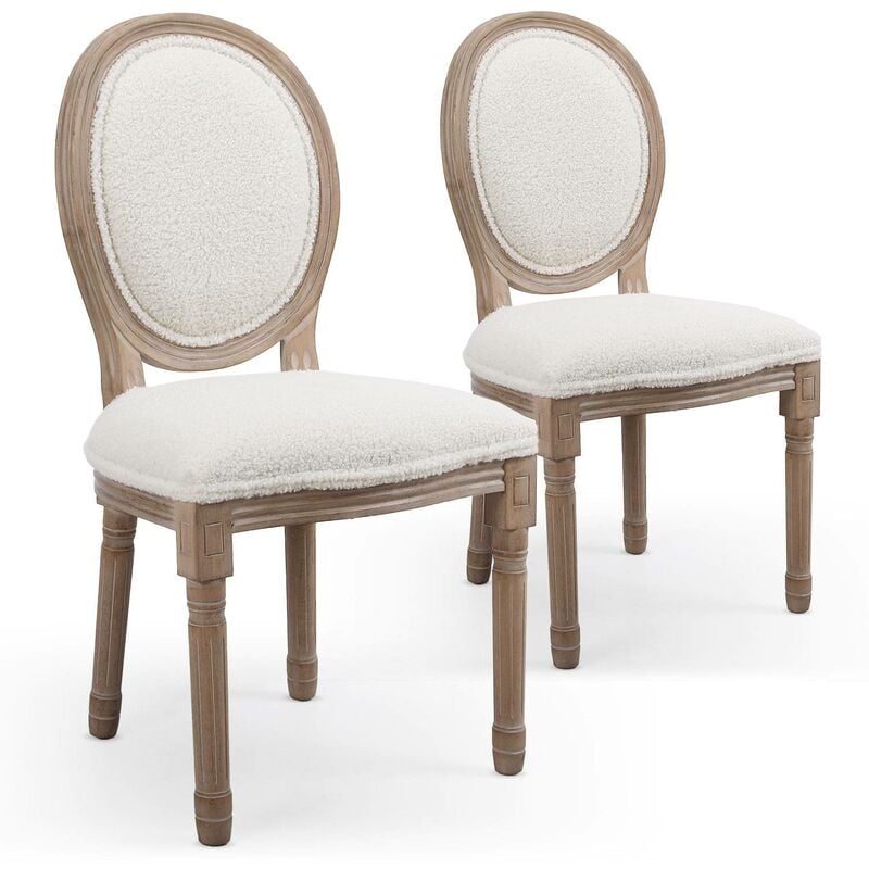 cotecosy - lot de 2 chaises médaillon louis xvi tissu bouclette crème - bois clair / beige