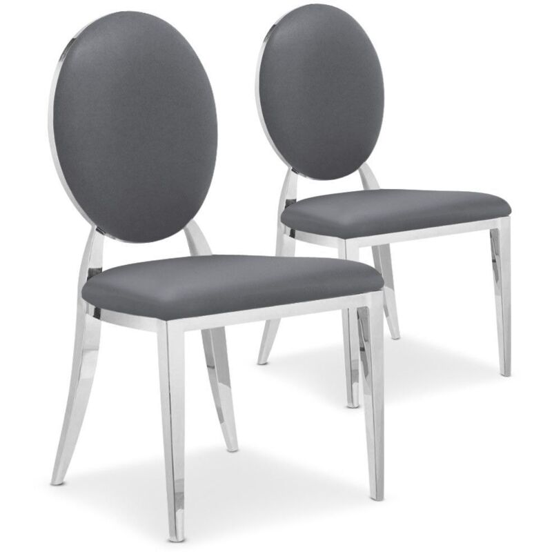 Cotecosy – Lot de 2 chaises médaillon simili gris – Structure métal – Assise rembourrée – Dimensions L45 x P47 x H90 cm