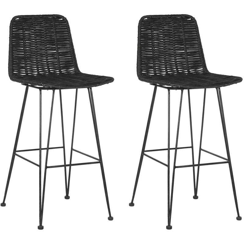 Beliani - Lot de 2 Chaises de Bar au Style Moderne en Rotin Noir et Pieds en Métal pour tout type de Salon Traditionnel et Exotique