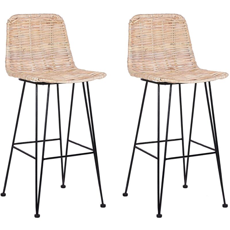 Beliani - Lot de 2 Chaises de Bar au Style Moderne en Rotin Beige et Pieds en Métal pour tout type de Salon Traditionnel et Exotique