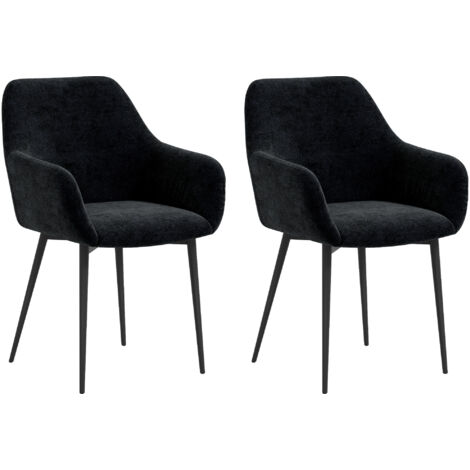 Lot de 2 Chaises Nordiques Rembourrées, Tissu, Accoudoirs, Pieds Acier, 54 x 57 x 80 cm, Noir