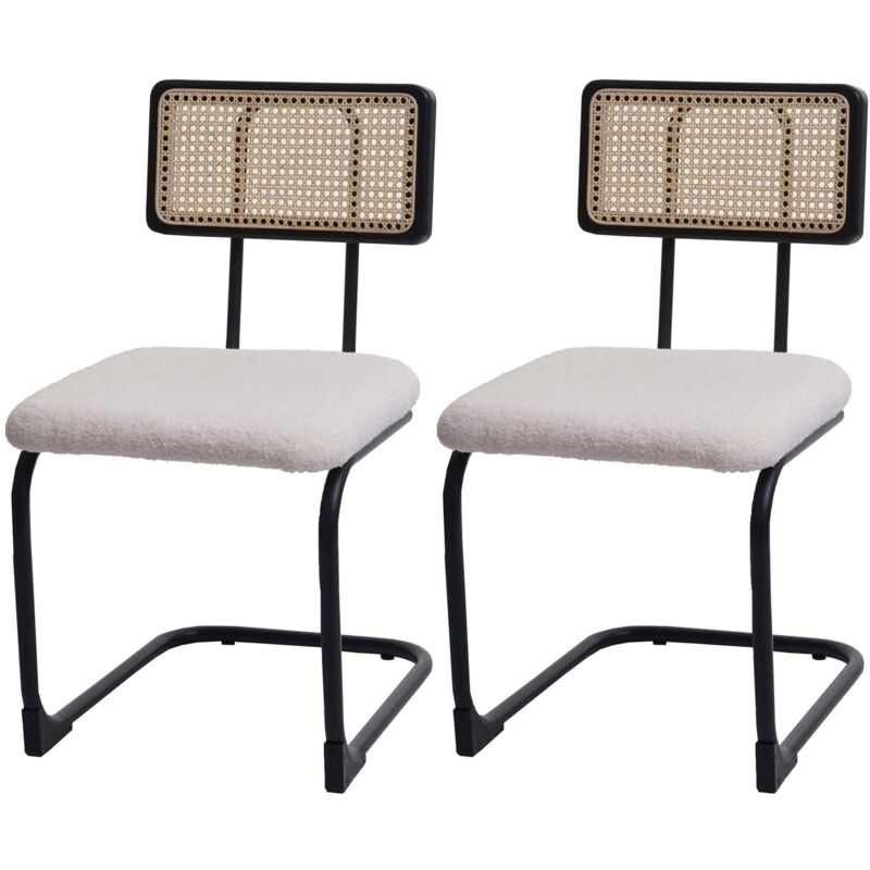 Jamais utilisé] Lot de 2 chaises à piétement luge HHG 712, chaise à dossier, bois rotin métal bouclé, tissu/textile blanc