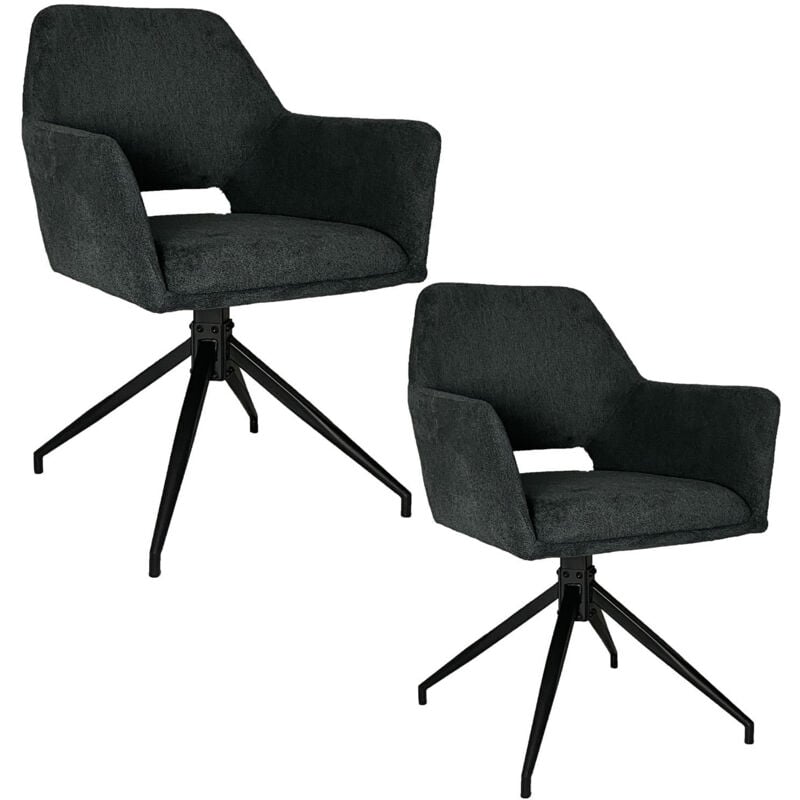 Casa Baoli - Lot de 2 chaises pivotantes 360° avec accoudoirs novan tissu anthracite pieds métal noir