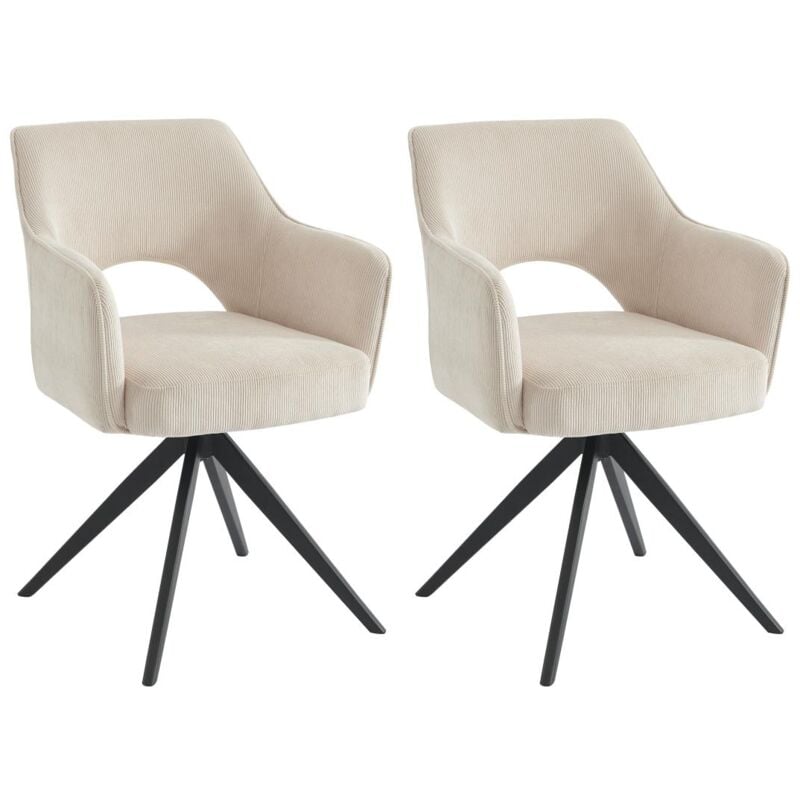 Lot de 2 chaises pivotantes avec accoudoirs en velours côtelé et métal noir - Crème - KONYA