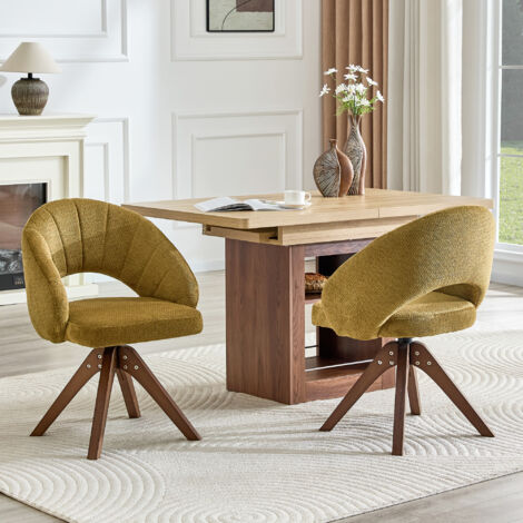 Lot de 2 chaises pivotantes rétro tissu gingembre pieds bois noyer. Rotation 360° silencieuse dossier voûté,élégantes pour salle à manger et salon.