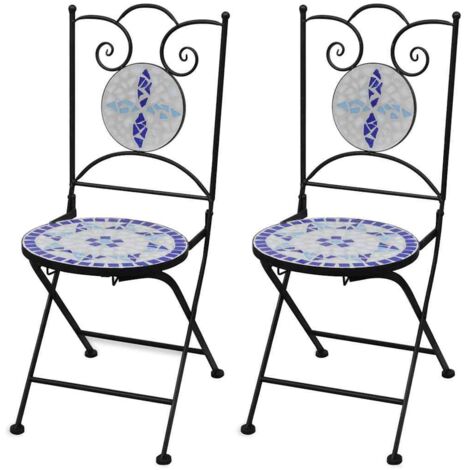 Lot de 2 Chaises pliables de bistro  Chaises de café  Fauteuil de jardin Céramique Bleu et blanc BSRHS443132