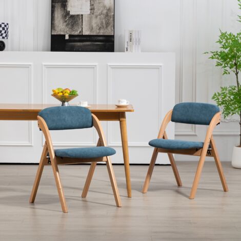 Lot de 2 chaises pliantes - Chaises de salle à manger pliables en bois avec siège rembourré, housse amovible - Pour invités, cuisine, bureau, fête de mariage, pique-nique - Bleu