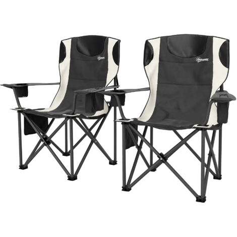 Lot de 2 chaises pliantes de camping avec accoudoirs, porte-gobelet, appui-tête et sac isotherme noir
