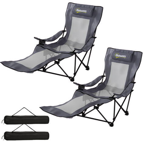 Lot de 2 chaises pliantes de camping, dossier réglable, repose-pieds, porte-gobelet, appui-tête, gris foncé