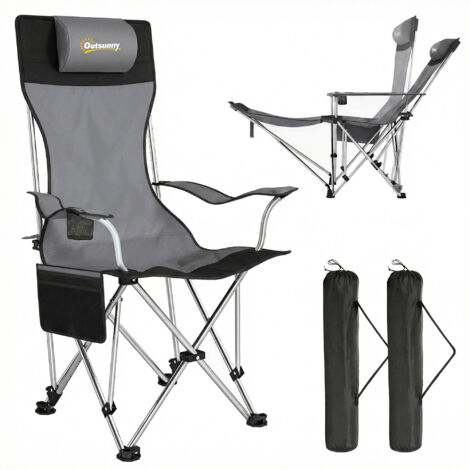 Lot de 2 chaises pliantes de camping pour pêche, avec repose-pieds amovible, porte-gobelet, charge max 120 kg, gris