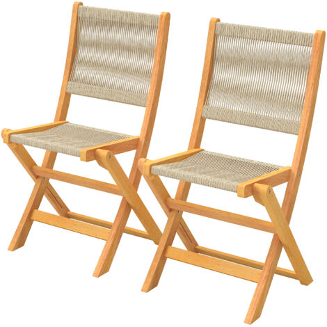 Lot de 2 chaises pliantes de jardin balcon en acacia FSC, assise corde tressée beige et naturelle