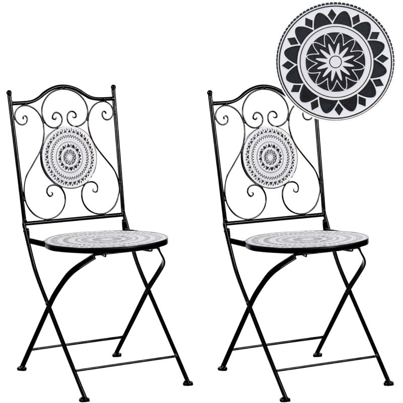 Lot de 2 Chaises Pliantes de Jardin en Métal avec Carreaux de Céramique Noir et Blanc Comiso