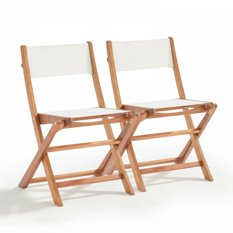 Lot de 2 chaises pliantes en bois d'eucalyptus et textilène blanc - Blanc