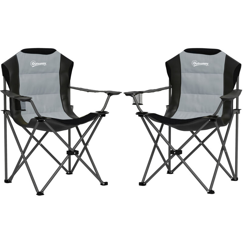 Lot de 2 chaises pliantes rembourrées de camping - porte-gobelet - gris
