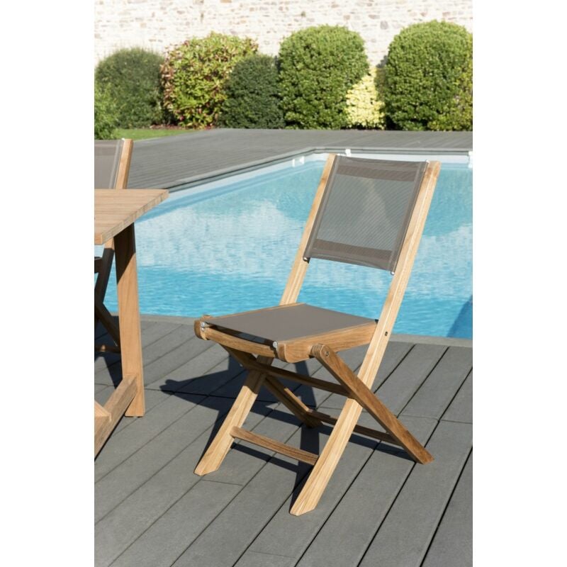 Macabane - harris - Ensemble de 2 chaises de jardin pliantes en bois Teck et textilène couleur taupe