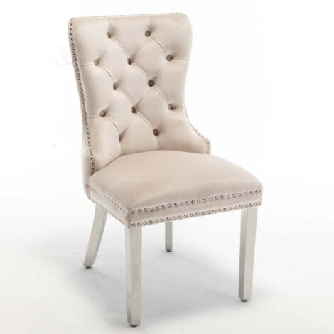 Homy France – Lot de 2 chaises en velours beige – Pieds chromés – Assise épaisse facile à nettoyer – Dimensions 54x51x102cm