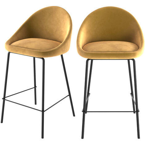 Rendez-Vous Déco – Lot de 2 chaises en velours jaune 65 cm – Coque arrondie avec piètement métal – Pour îlot central ou table surélevée