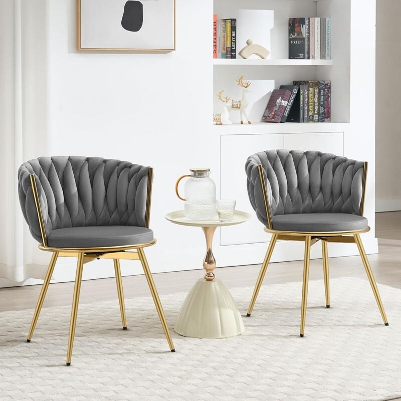 Lot de 2 Chaises Salle à Manger, Chaises Pivotantes en Velours, Dossier Tissé, Pieds en Métal, Gris Foncé