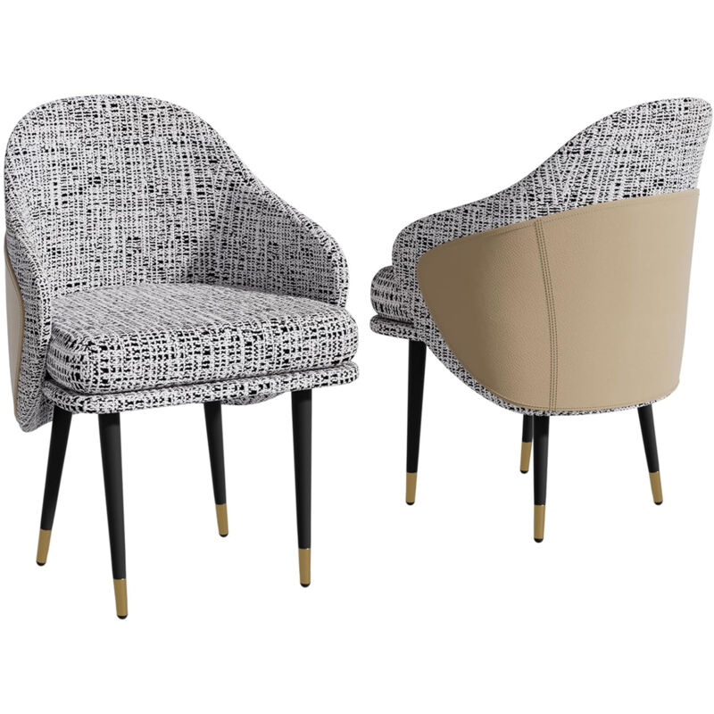 Unho - Lot de 2 Chaises Salle a Manger: Chaises Scandinaves Salle à Manger en Lin Gris et Cuir, Design Chaise Cuisine Confortable avec Accoudoirs,