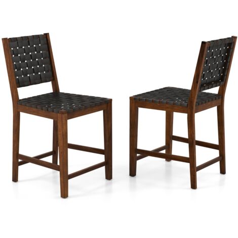 Lot de 2 Chaises Salle à Manger en Bois Massif Dossier Tissés de Sangles en Simili Cuir Hauteur d'Assise 61cm Noir DESIGN IN