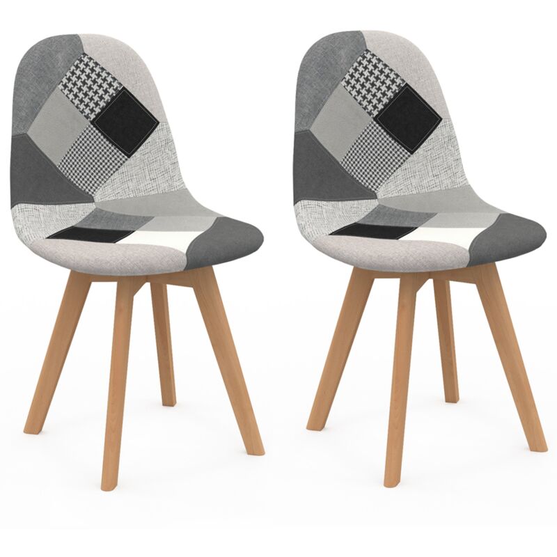 Lot de 2 chaises scandinaves sara motifs patchworks noirs, gris et blancs