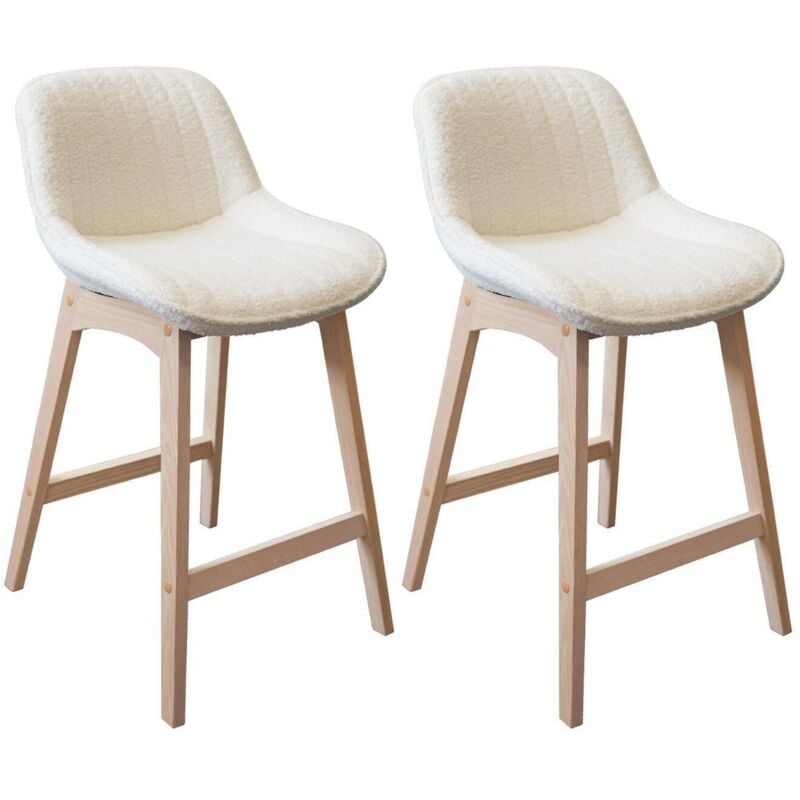Mob-in - Tabourets de bar 65cm en chêne et assise tissu bouclette milk - Lot de 2