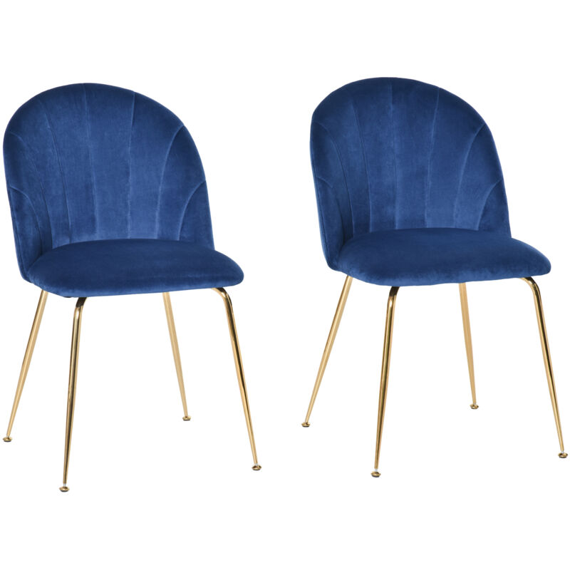 Homcom - Lot de 2 chaises style art-déco dossier strié arrondi piètement métal doré incliné effilé velours bleu roi