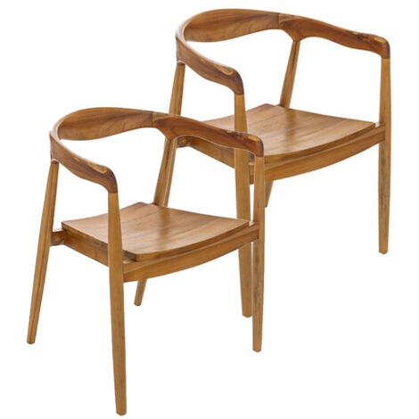 Lot de 2 chaises style fauteuil en teck naturel, coloris marron - Longueur 57 x Profondeur 61 x Hauteur 77 cm