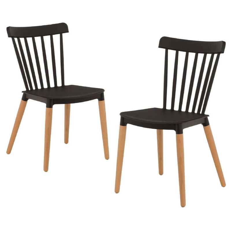 Kosmi - Lot de 2 chaises style scandinave à barreaux modèle pop - Coque en résine noire et pieds en bois naturel